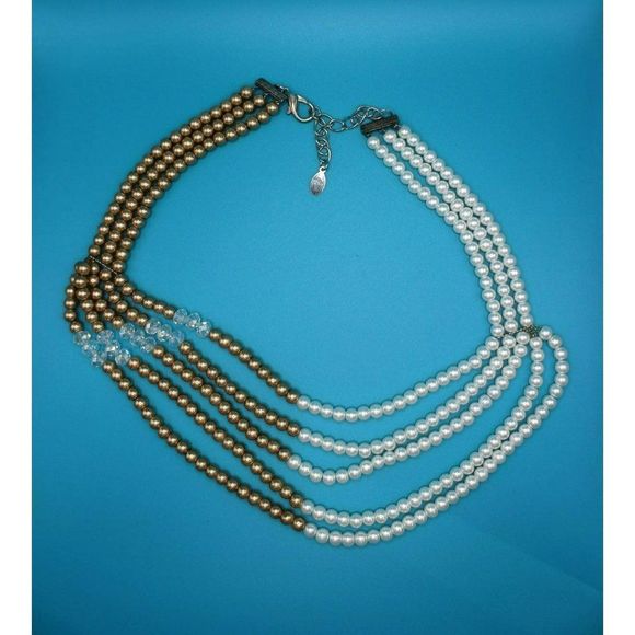 Vintage Crystal‎ & Glass Beaded Collar Necklace Layered Multi Strand Silver Tone - Picture 2 of 5